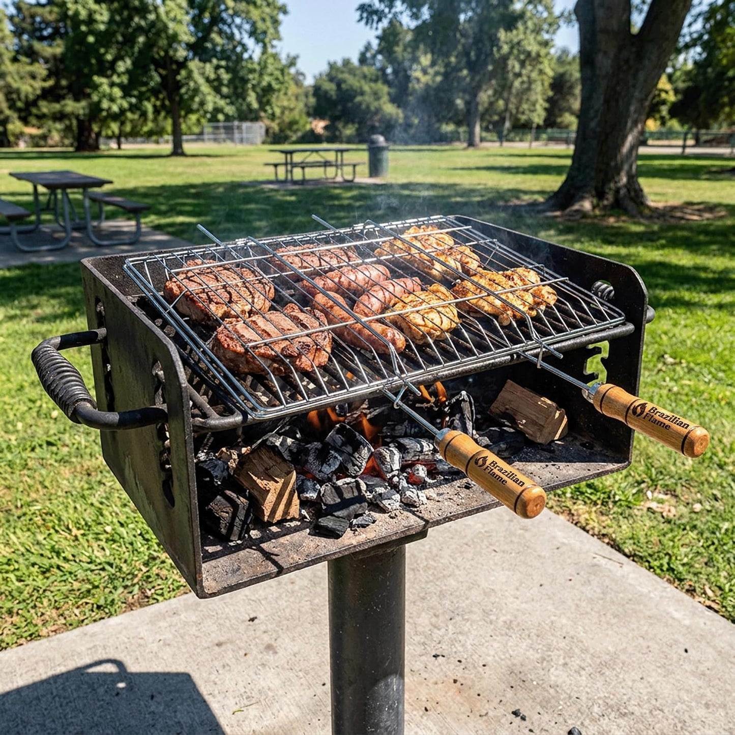 Brazilian Flame Folding BBQ Grill Basket | Chrome-Plated Steel Clamshell Grilling Basket for Vegetables, Meat, Skewers & Kebabs | Two-Sided Locking Design | Fits Gas, Charcoal & Open Fire Grills | Natural Wood Handles