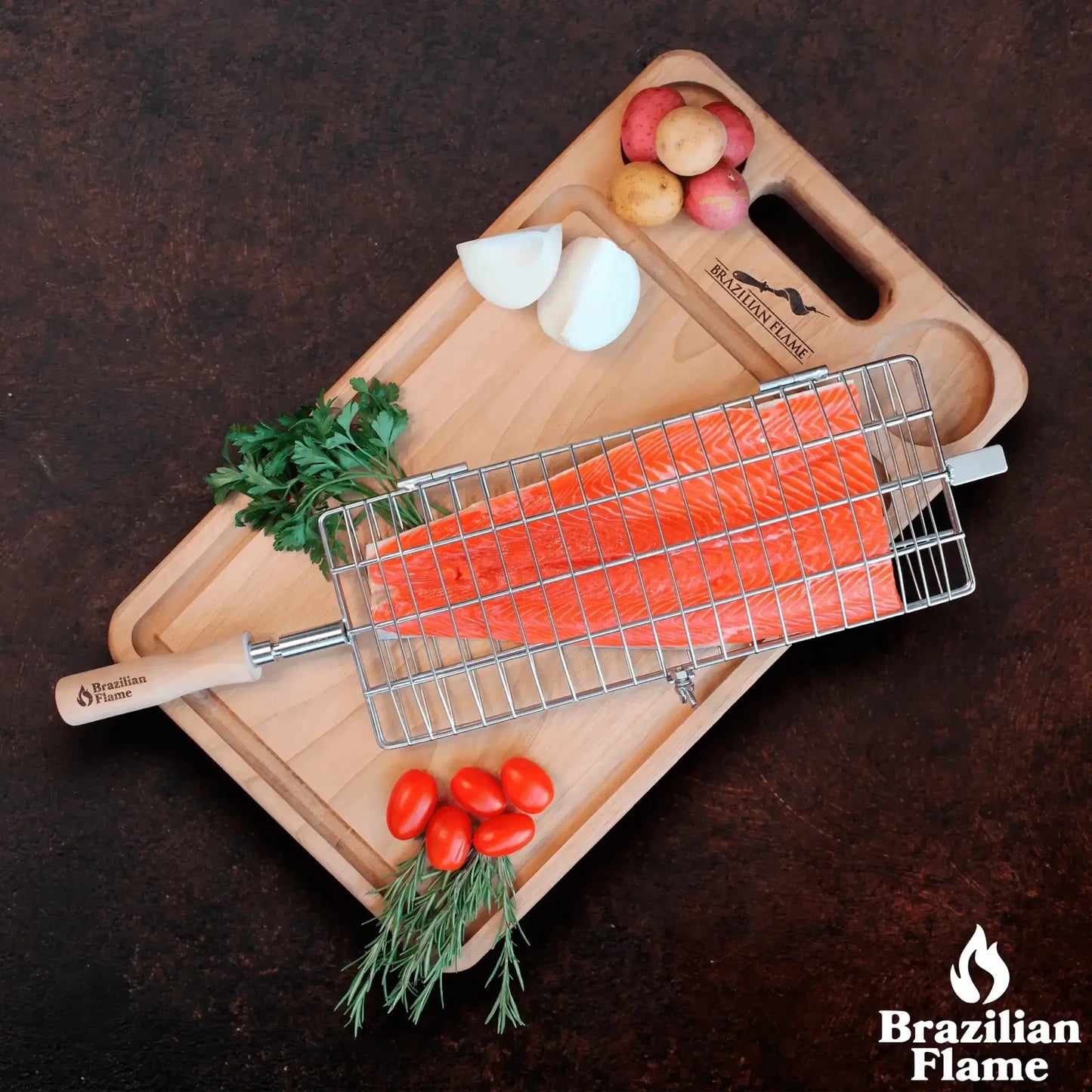 Brazilian Flame Flat Rotisserie Grill Basket - Fish