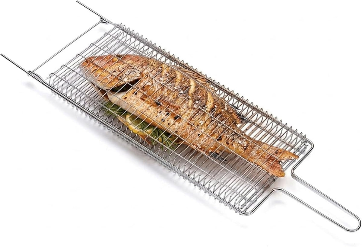 Brazilian Flame Chrome-Plated Steel Grill Basket — Non-Stick Fish & Steak Grilling Cage with Long Handle, Folding Double-Sided BBQ Basket for Whole Fish, Fillets & Meats | For Charcoal, Gas & Open Fire