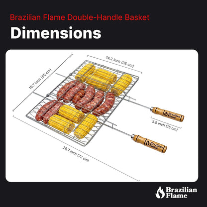 Brazilian Flame Folding BBQ Grill Basket | Chrome-Plated Steel Clamshell Grilling Basket for Vegetables, Meat, Skewers & Kebabs | Two-Sided Locking Design | Fits Gas, Charcoal & Open Fire Grills | Natural Wood Handles