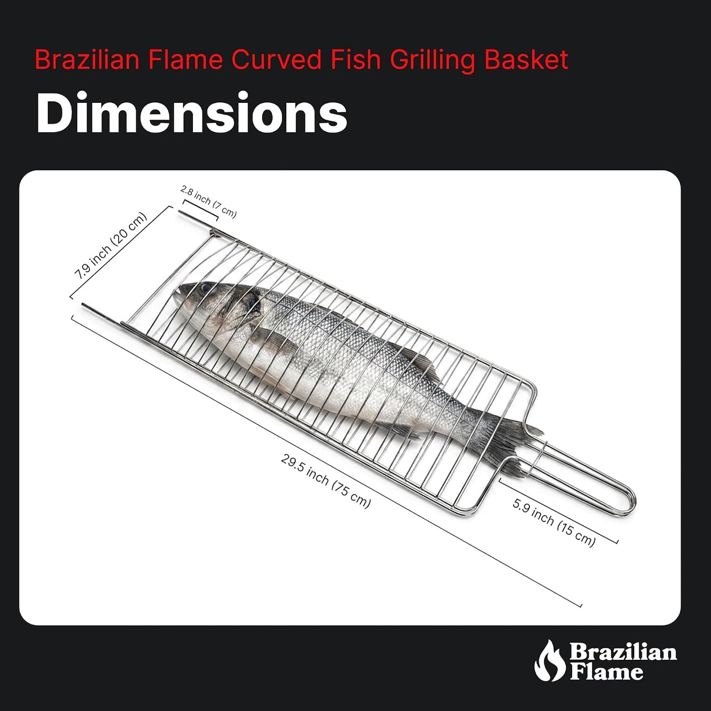 Brazilian Flame Curved Fish Grilling Basket Tray | Single-Handle Whole Fish Grill Basket | Chrome-Plated Steel Wire | Fits Gas, Charcoal, Kettle & Brick BBQ Grills | Easy-Turn Loop Handle