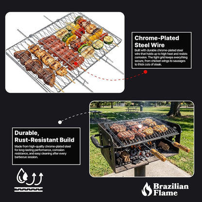 Brazilian Flame Folding BBQ Grill Basket | Chrome-Plated Steel Clamshell Grilling Basket for Vegetables, Meat, Skewers & Kebabs | Two-Sided Locking Design | Fits Gas, Charcoal & Open Fire Grills | Natural Wood Handles