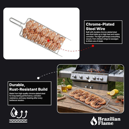 Brazilian Flame Curved Fish Grilling Basket Tray | Single-Handle Whole Fish Grill Basket | Chrome-Plated Steel Wire | Fits Gas, Charcoal, Kettle & Brick BBQ Grills | Easy-Turn Loop Handle