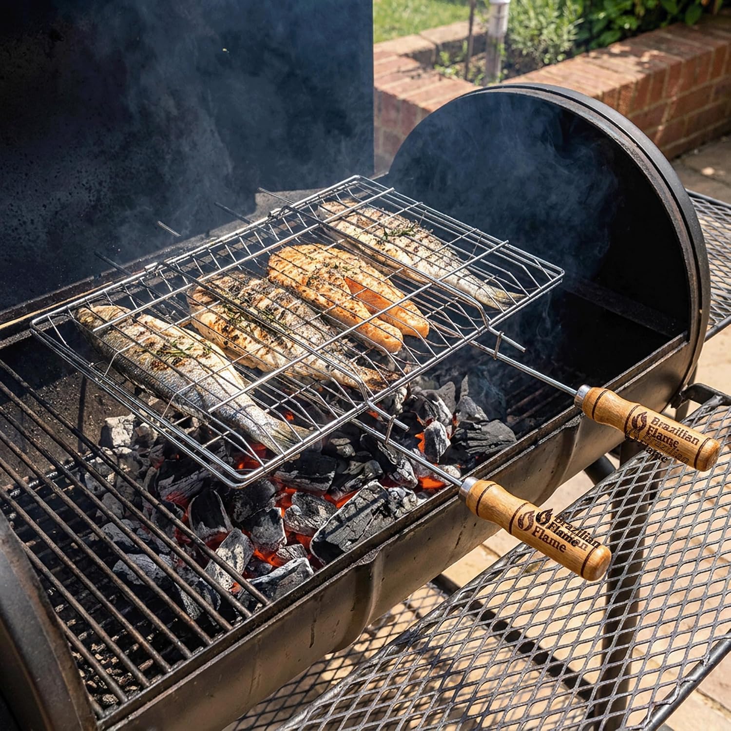 Brazilian Flame Folding BBQ Grill Basket | Chrome-Plated Steel Clamshell Grilling Basket for Vegetables, Meat, Skewers & Kebabs | Two-Sided Locking Design | Fits Gas, Charcoal & Open Fire Grills | Natural Wood Handles