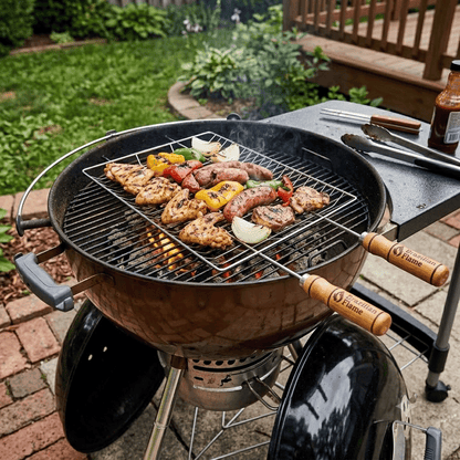 Brazilian Flame Double-Handle BBQ Grilling Topper – Chrome-Plated Open Grill Tray with Wooden Handles