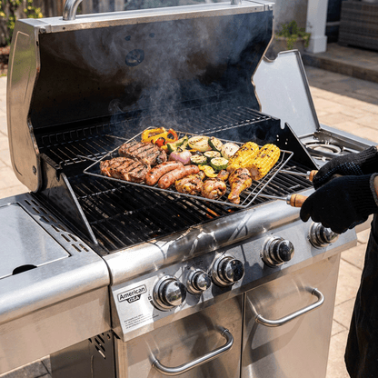 Brazilian Flame Double-Handle BBQ Grilling Topper – Chrome-Plated Open Grill Tray with Wooden Handles