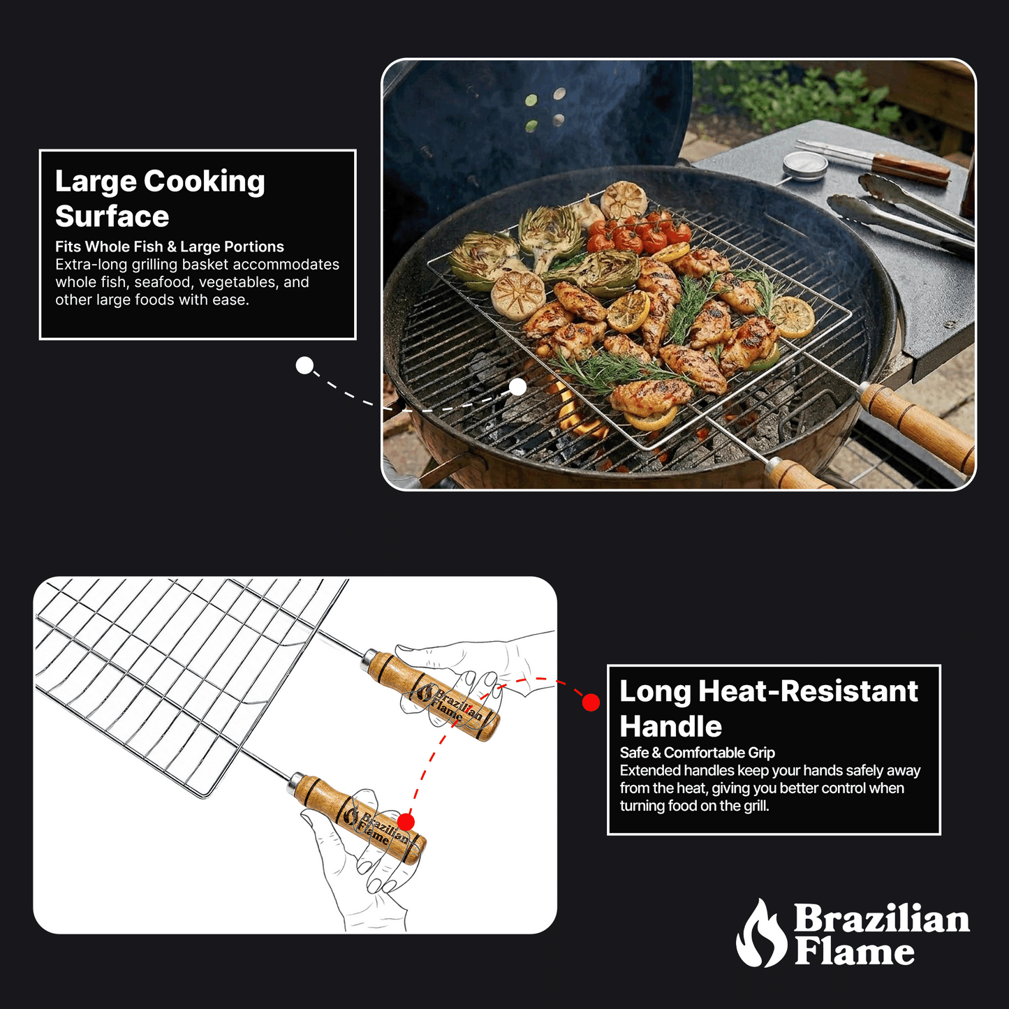 Brazilian Flame Double-Handle BBQ Grilling Topper – Chrome-Plated Open Grill Tray with Wooden Handles