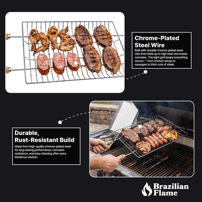 Brazilian Flame Double-Handle BBQ Grilling Topper – Chrome-Plated Open Grill Tray with Wooden Handles
