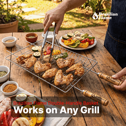 Brazilian Flame Double-Handle BBQ Grilling Topper – Chrome-Plated Open Grill Tray with Wooden Handles