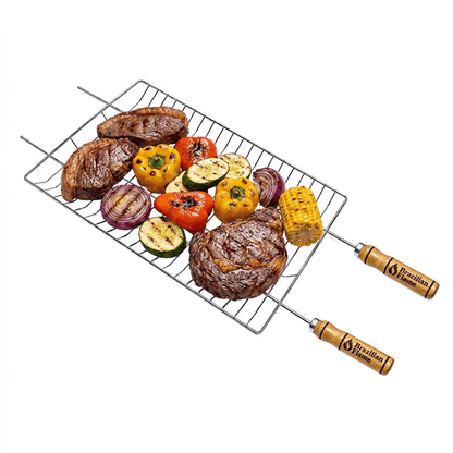 Brazilian Flame Double-Handle BBQ Grilling Topper – Chrome-Plated Open Grill Tray with Wooden Handles