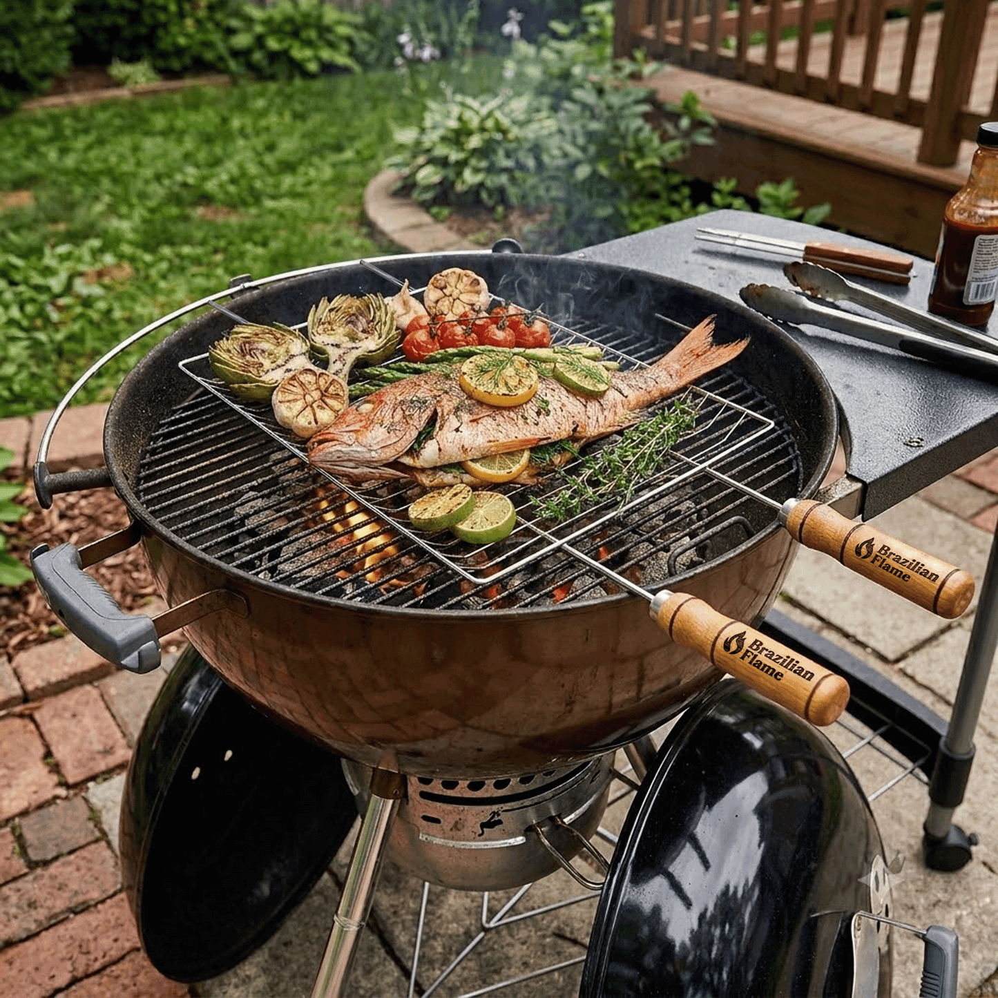 Brazilian Flame Double-Handle BBQ Grilling Topper – Chrome-Plated Open Grill Tray with Wooden Handles