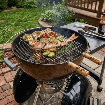 Brazilian Flame Double-Handle BBQ Grilling Topper – Chrome-Plated Open Grill Tray with Wooden Handles