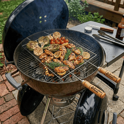 Brazilian Flame Double-Handle BBQ Grilling Topper – Chrome-Plated Open Grill Tray with Wooden Handles