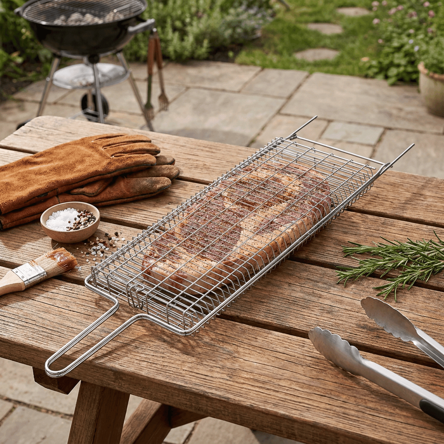 Brazilian Flame Chrome-Plated Steel Grill Basket — Non-Stick Fish & Steak Grilling Cage with Long Handle, Folding Double-Sided BBQ Basket for Whole Fish, Fillets & Meats | For Charcoal, Gas & Open Fire