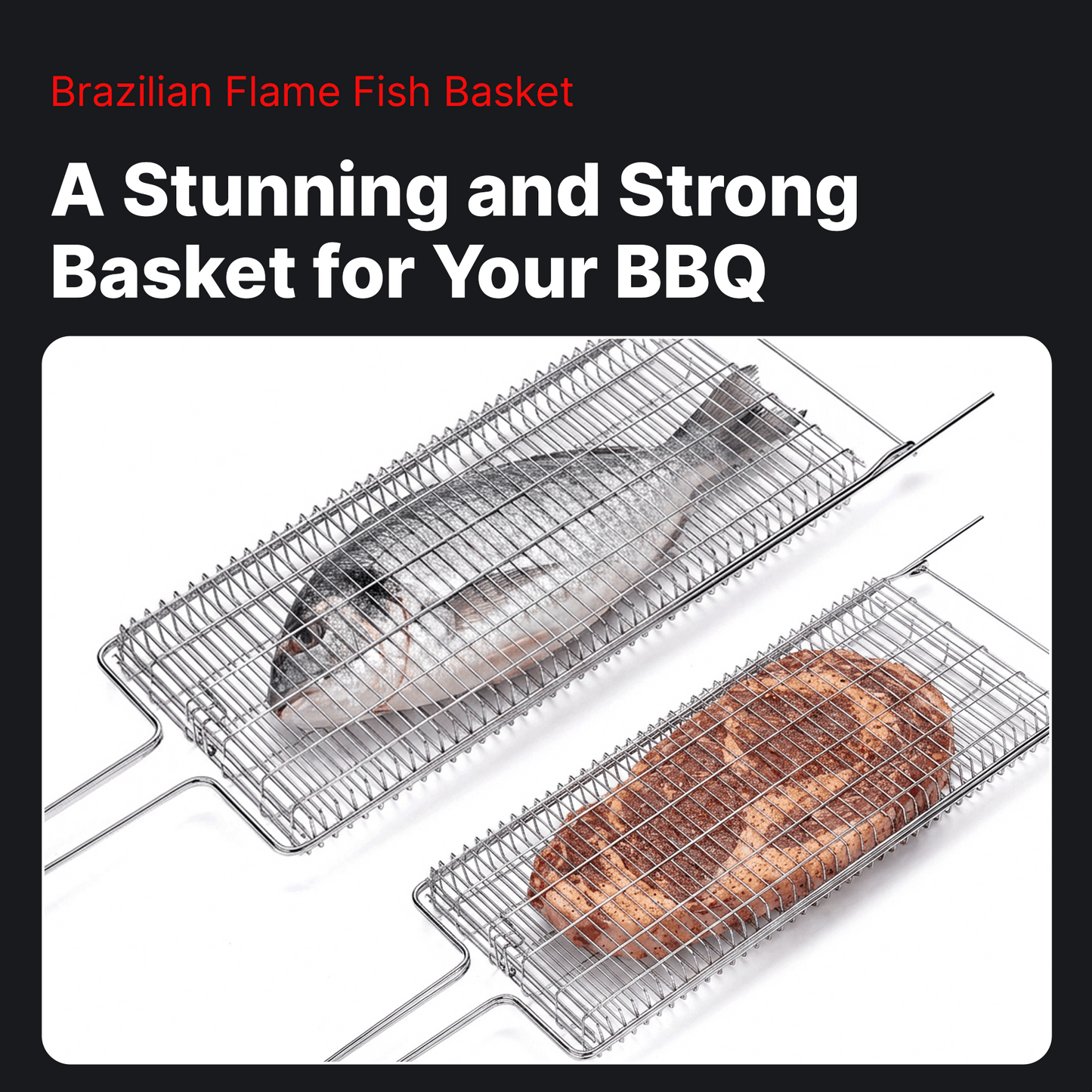 Brazilian Flame Chrome-Plated Steel Grill Basket — Non-Stick Fish & Steak Grilling Cage with Long Handle, Folding Double-Sided BBQ Basket for Whole Fish, Fillets & Meats | For Charcoal, Gas & Open Fire