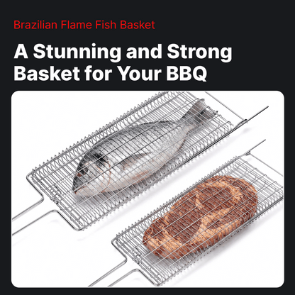Brazilian Flame Chrome-Plated Steel Grill Basket — Non-Stick Fish & Steak Grilling Cage with Long Handle, Folding Double-Sided BBQ Basket for Whole Fish, Fillets & Meats | For Charcoal, Gas & Open Fire