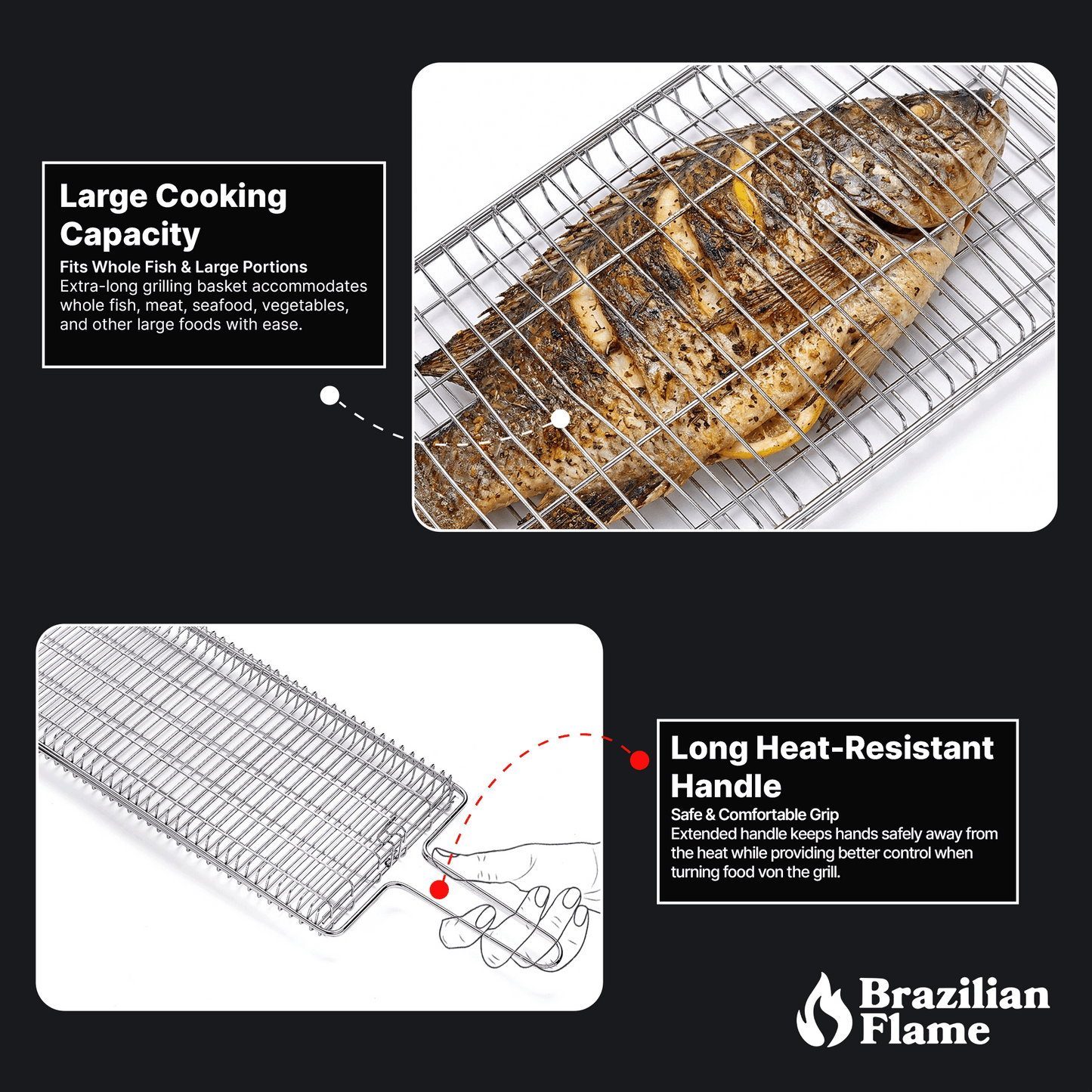 Brazilian Flame Chrome-Plated Steel Grill Basket — Non-Stick Fish & Steak Grilling Cage with Long Handle, Folding Double-Sided BBQ Basket for Whole Fish, Fillets & Meats | For Charcoal, Gas & Open Fire