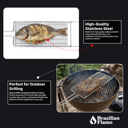 Brazilian Flame Chrome-Plated Steel Grill Basket — Non-Stick Fish & Steak Grilling Cage with Long Handle, Folding Double-Sided BBQ Basket for Whole Fish, Fillets & Meats | For Charcoal, Gas & Open Fire