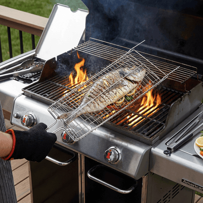 Brazilian Flame Chrome-Plated Steel Grill Basket — Non-Stick Fish & Steak Grilling Cage with Long Handle, Folding Double-Sided BBQ Basket for Whole Fish, Fillets & Meats | For Charcoal, Gas & Open Fire