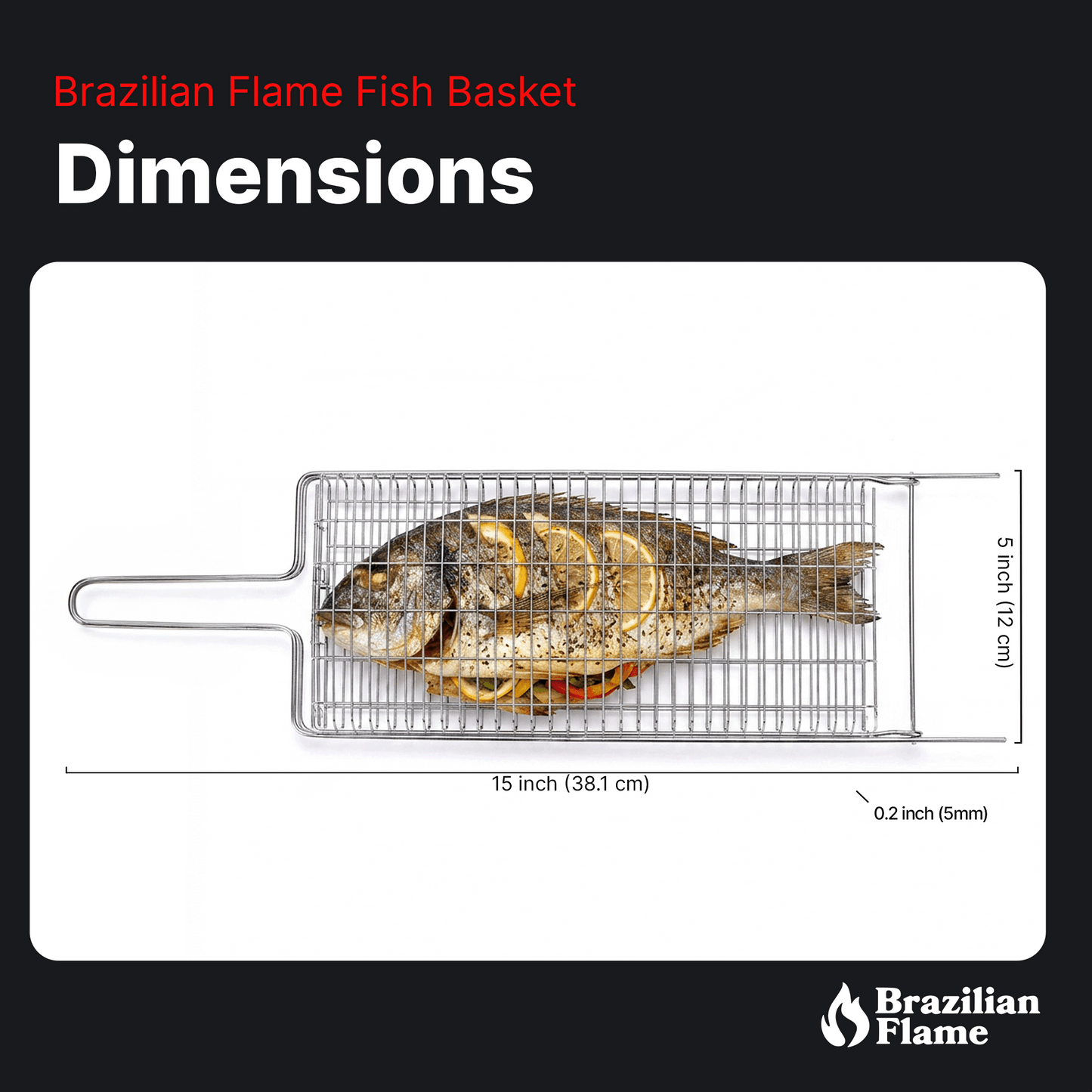 Brazilian Flame Chrome-Plated Steel Grill Basket — Non-Stick Fish & Steak Grilling Cage with Long Handle, Folding Double-Sided BBQ Basket for Whole Fish, Fillets & Meats | For Charcoal, Gas & Open Fire