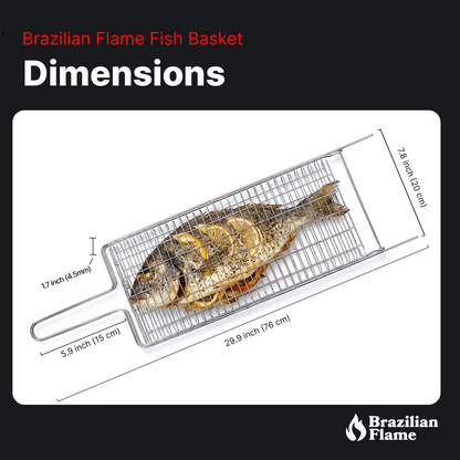 Brazilian Flame Chrome-Plated Steel Grill Basket — Non-Stick Fish & Steak Grilling Cage with Long Handle, Folding Double-Sided BBQ Basket for Whole Fish, Fillets & Meats | For Charcoal, Gas & Open Fire