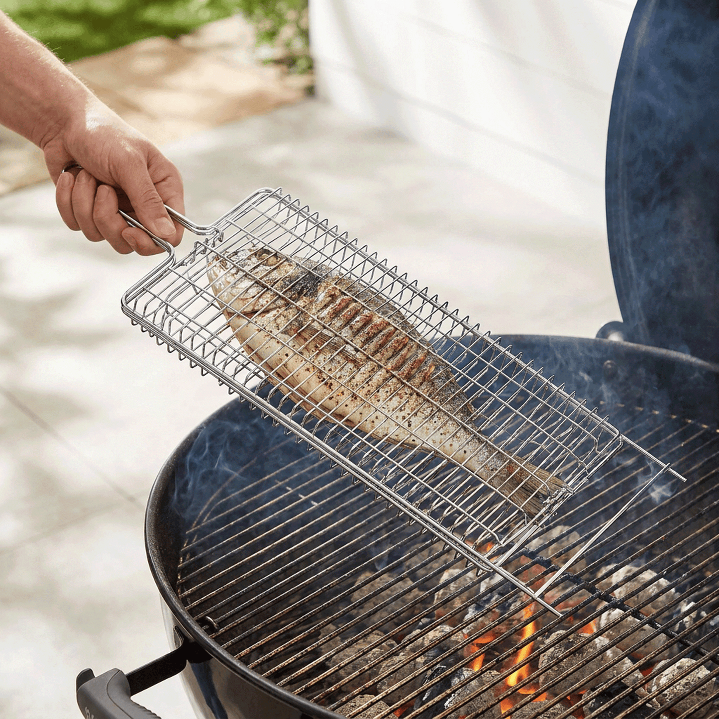 Brazilian Flame Chrome-Plated Steel Grill Basket — Non-Stick Fish & Steak Grilling Cage with Long Handle, Folding Double-Sided BBQ Basket for Whole Fish, Fillets & Meats | For Charcoal, Gas & Open Fire