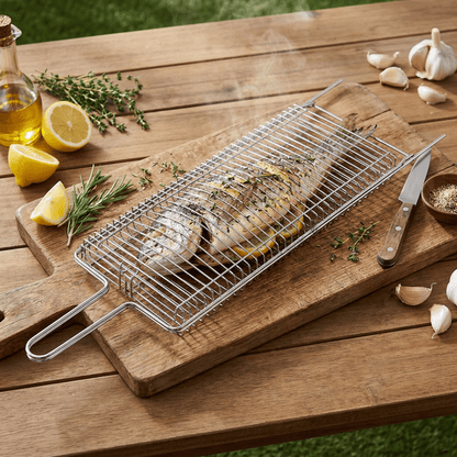 Brazilian Flame Chrome-Plated Steel Grill Basket — Non-Stick Fish & Steak Grilling Cage with Long Handle, Folding Double-Sided BBQ Basket for Whole Fish, Fillets & Meats | For Charcoal, Gas & Open Fire