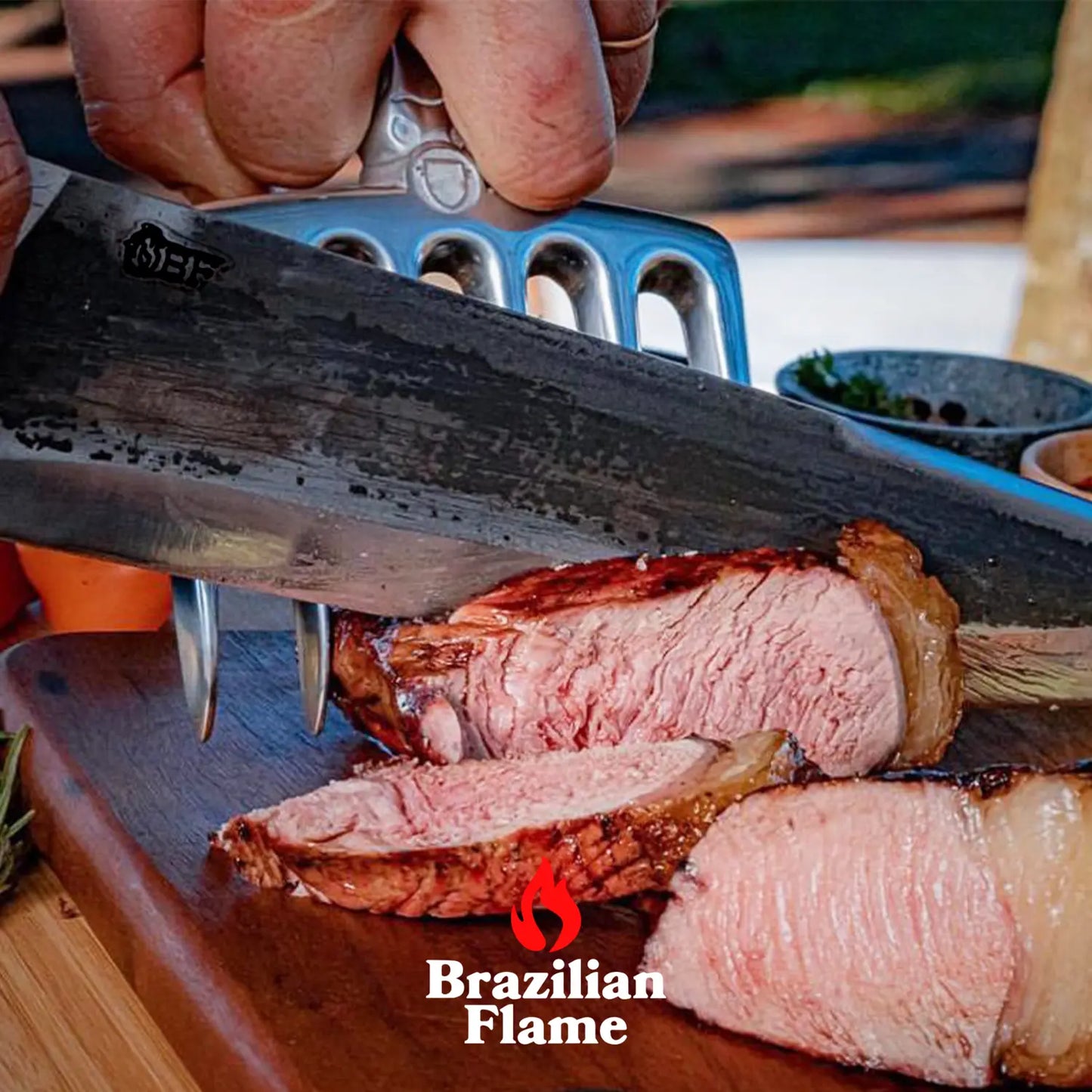 Brazilian Flame Meat Shredder Claw - Bull, 6 Long Teeth Fork - With Leather Sheath