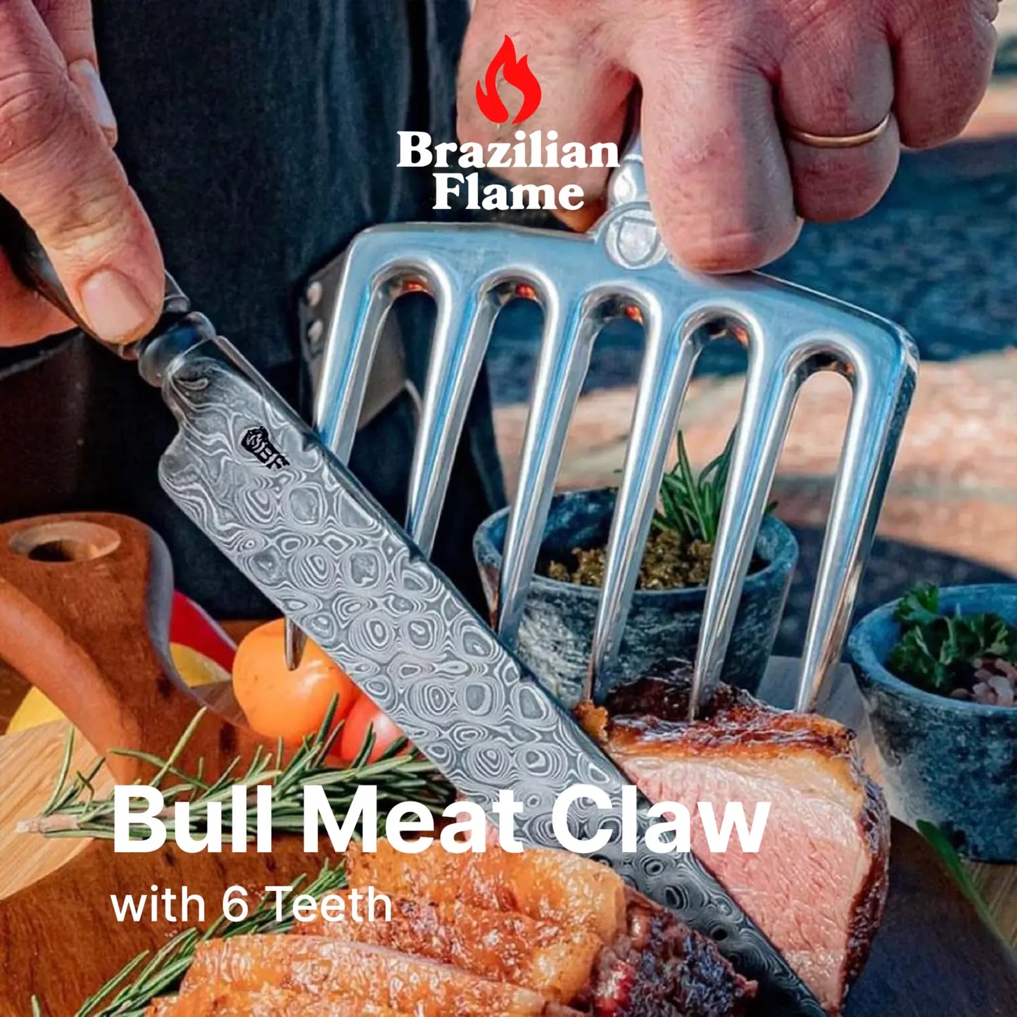Brazilian Flame Meat Shredder Claw - Bull, 6 Long Teeth Fork - With Leather Sheath