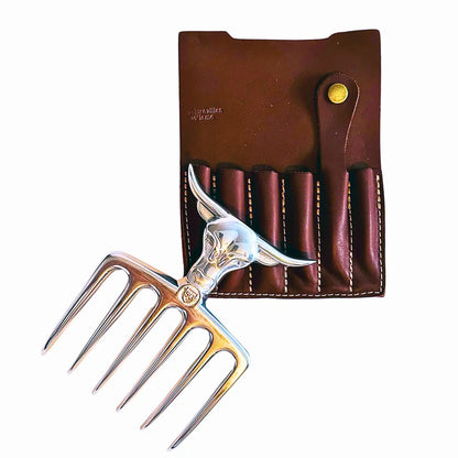 Brazilian Flame Meat Shredder Claw - Bull, 6 Long Teeth Fork - With Leather Sheath